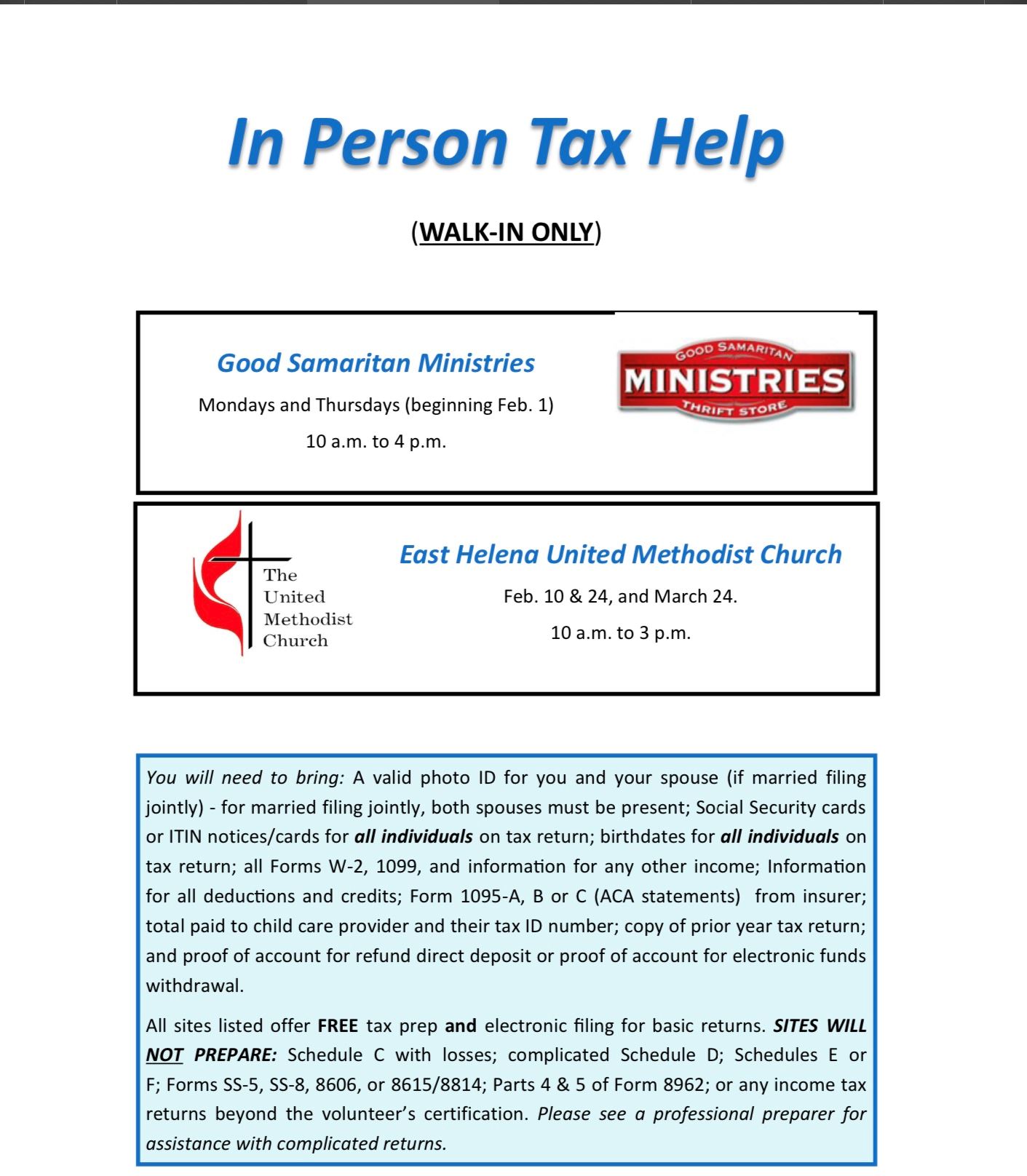 In Person Tax Assistance thru United Way 